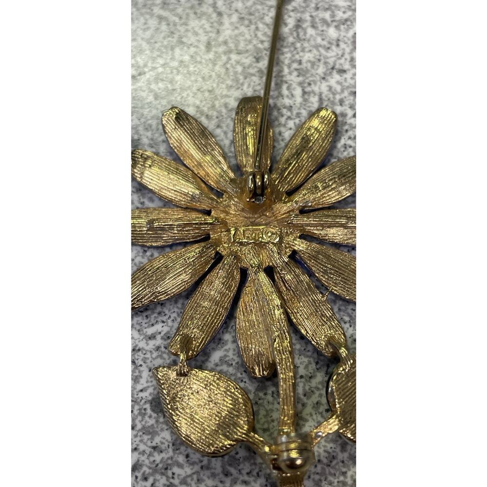 Vintage Signed ART Enamel Daisy Flower Brooch Blue Gold Tone Arthur Pepper - Picture 5 of 5